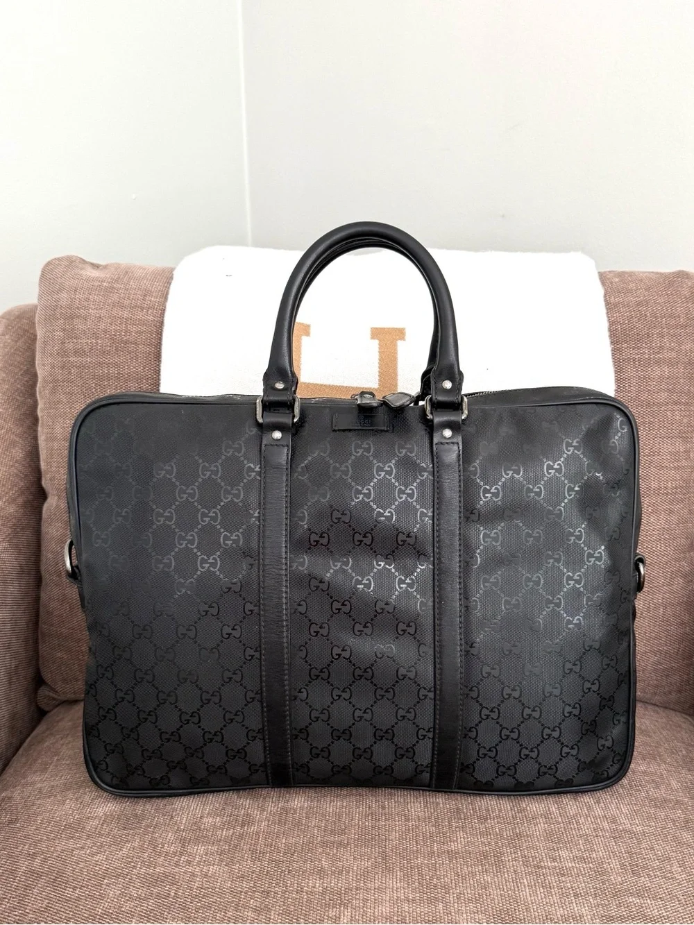 Gucci authentic black monogram imprime coated canvas unisex laptop bag